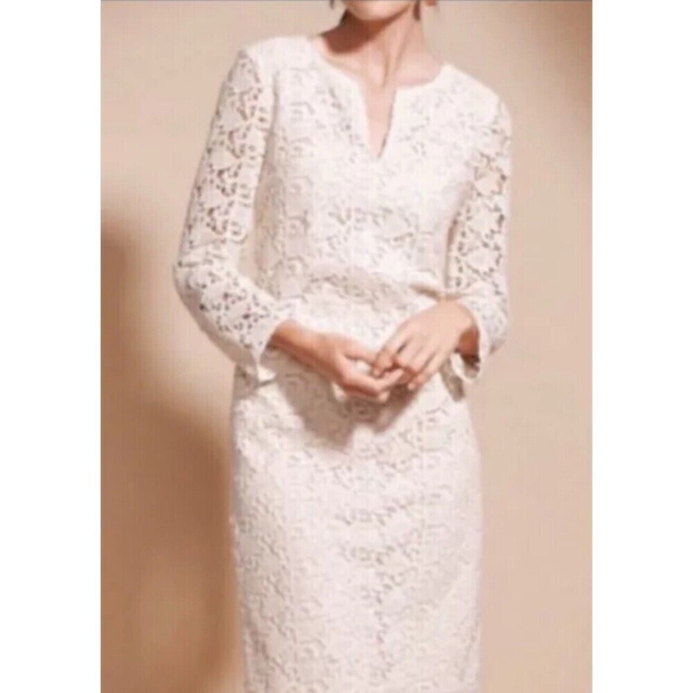 Talbots Lace Shift Dress Size 2 Cream Crochet Floral 3/4 Sleeve Cocktail Wedding